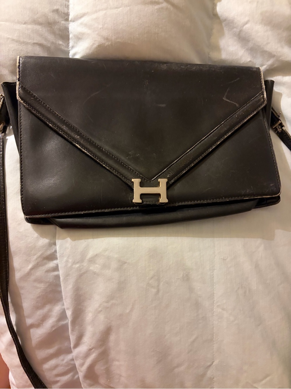 Hermes Black Leather Crossbody Envelope Bag with Silver H Lock